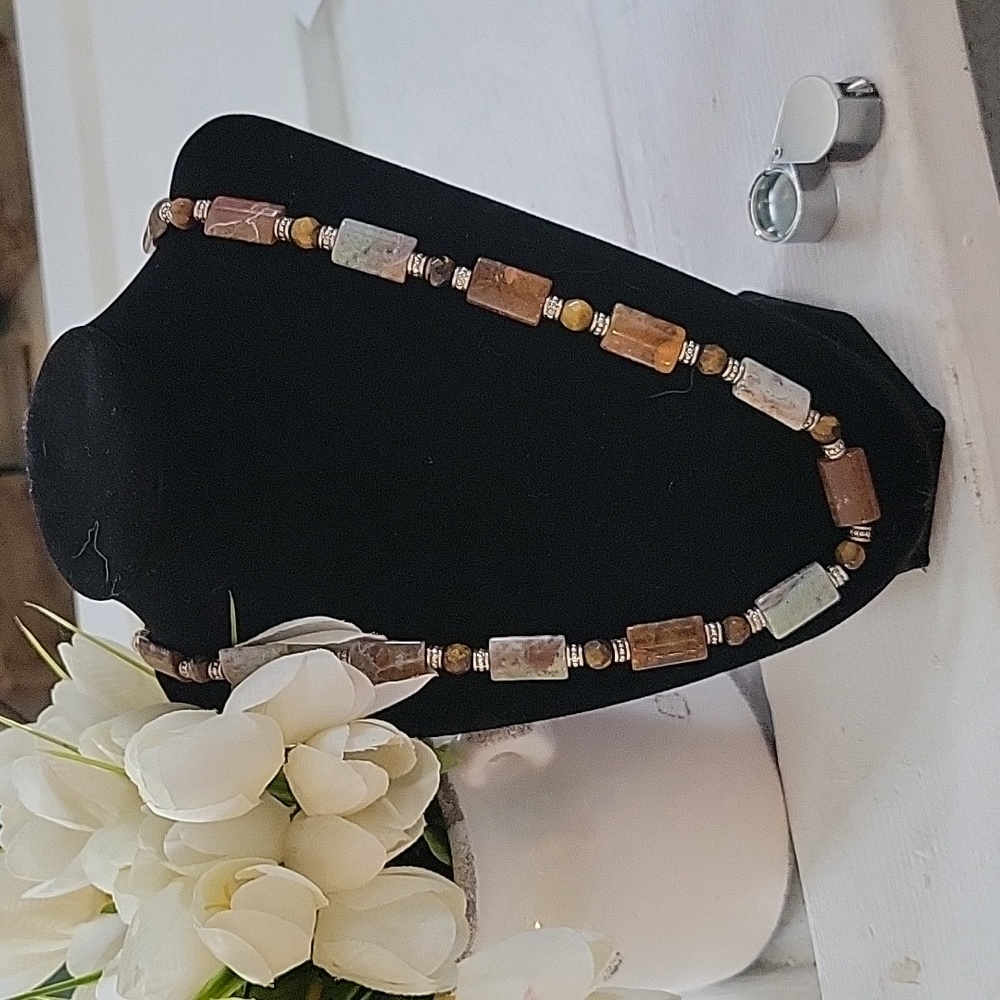 Estate Native American turquoise Greens and Browns Silver necklace